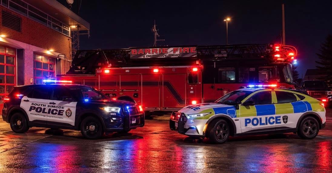 Collingwood Fire truck with emergency lights at the Collingwood waterfront sign